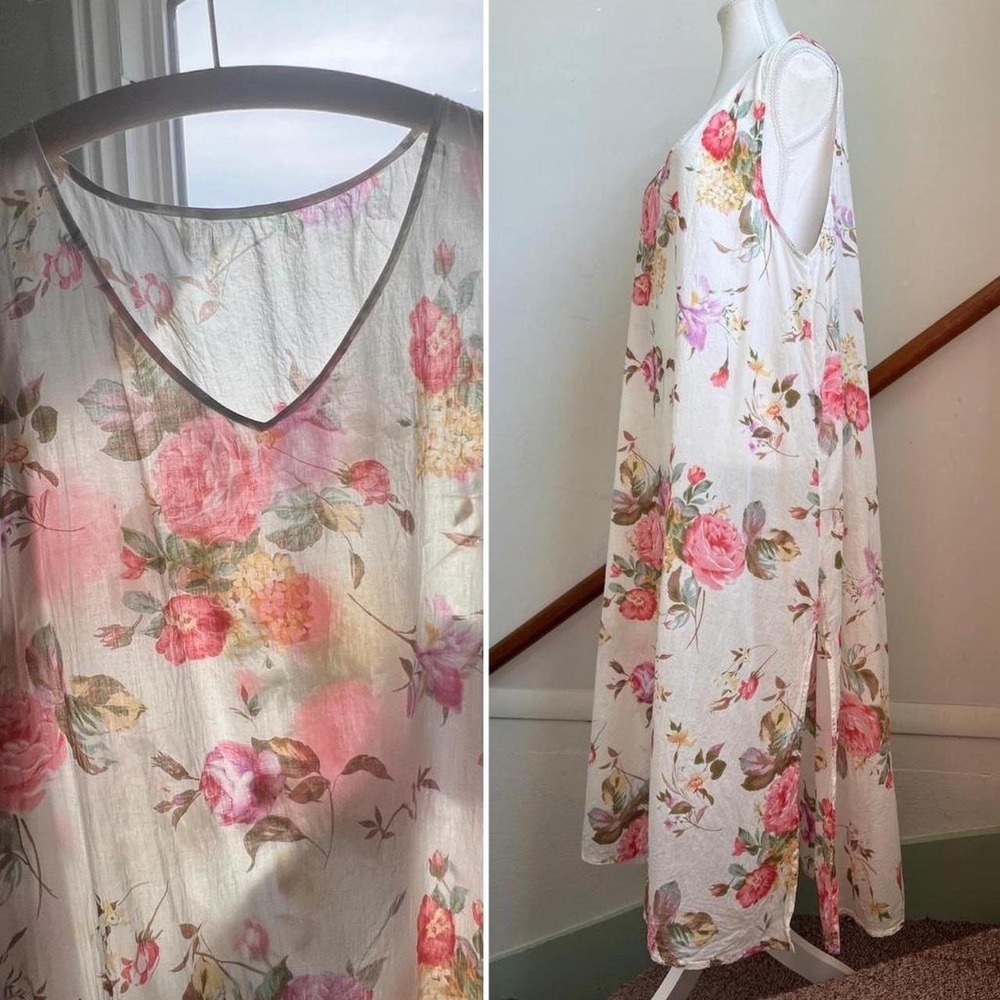 Vintage Sheer Floral Cotton Maxi Dress Large Sleeveless‎ V-Neck Cottagecore 90s